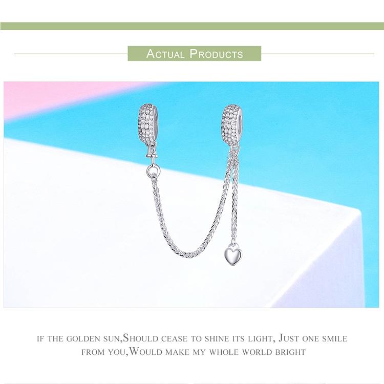 925 Sterling Silver Love Heart Safety Chain Charm For Bracelets