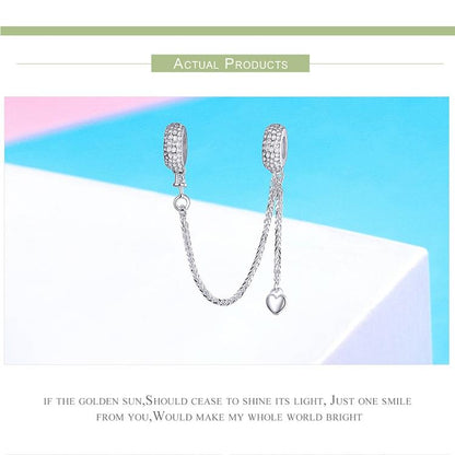925 Sterling Silver Love Heart Safety Chain Charm For Bracelets