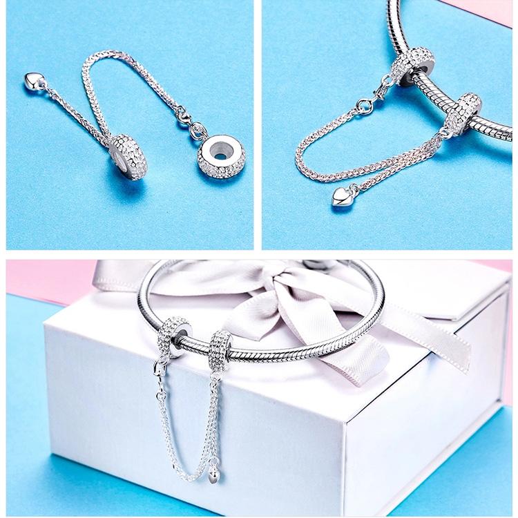 925 Sterling Silver Love Heart Safety Chain Charm For Bracelets