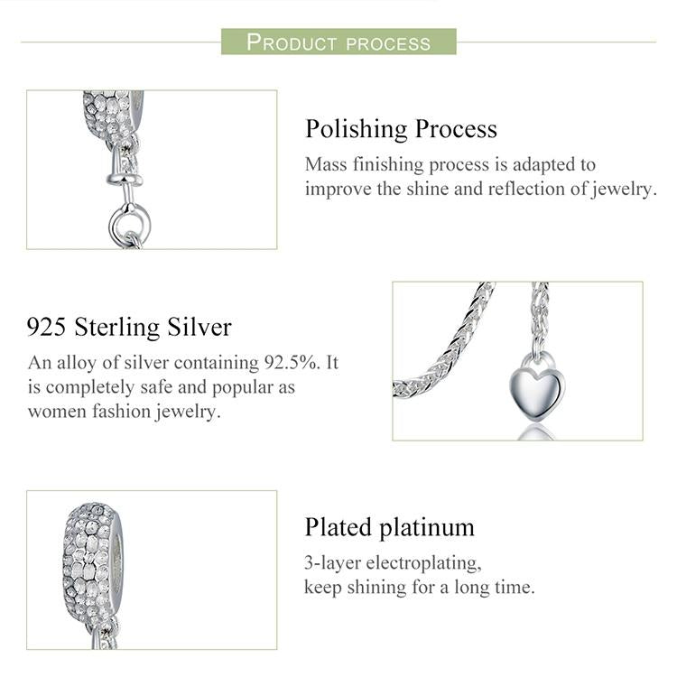 925 Sterling Silver Love Heart Safety Chain Charm For Bracelets