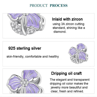 925 Sterling Silver Purple Flower Beads For Diy Bracelets