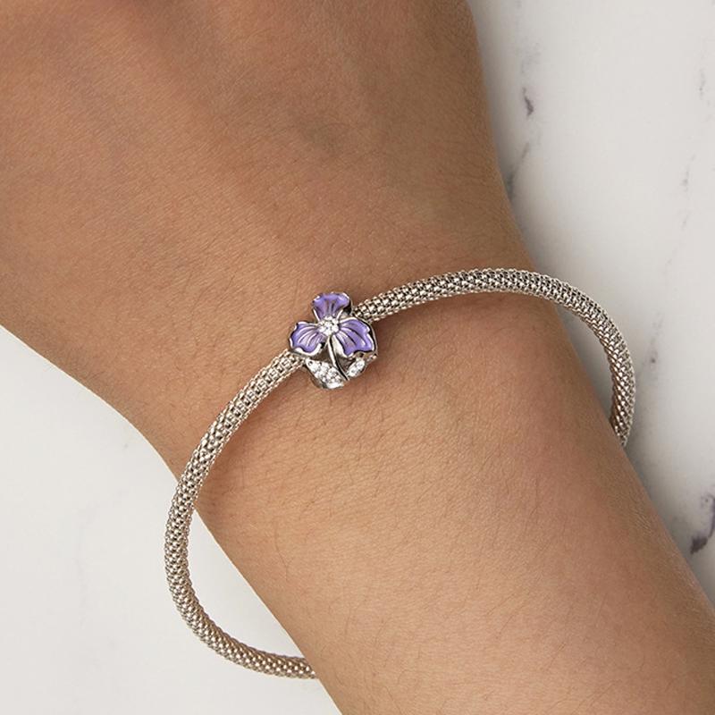 925 Sterling Silver Purple Flower Beads For Diy Bracelets