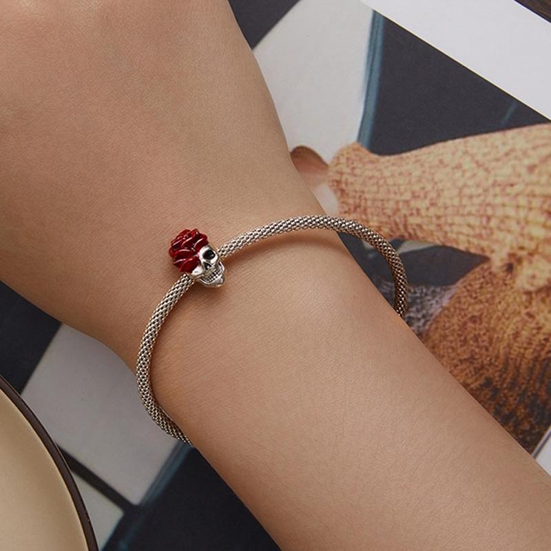 925 Sterling Silver Halloween Skull Bracelet With Rose And Pearl