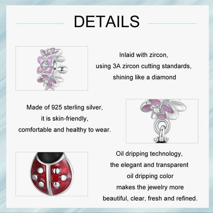 925 Sterling Silver Flower Ladybug Diy Beads Platinum Plated