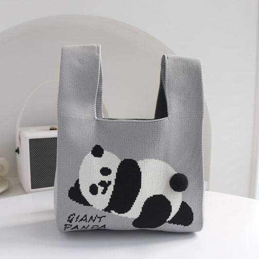 Cartoon Panda Knit Bag - Large Capacity Vest Handbag - Grey
