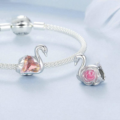 925 Sterling Silver Platinum Plated Pink Swan Rose Diy Beads