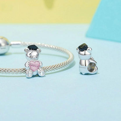 925 Sterling Silver Platinum Plated Happy Bear Heart Diy Beads