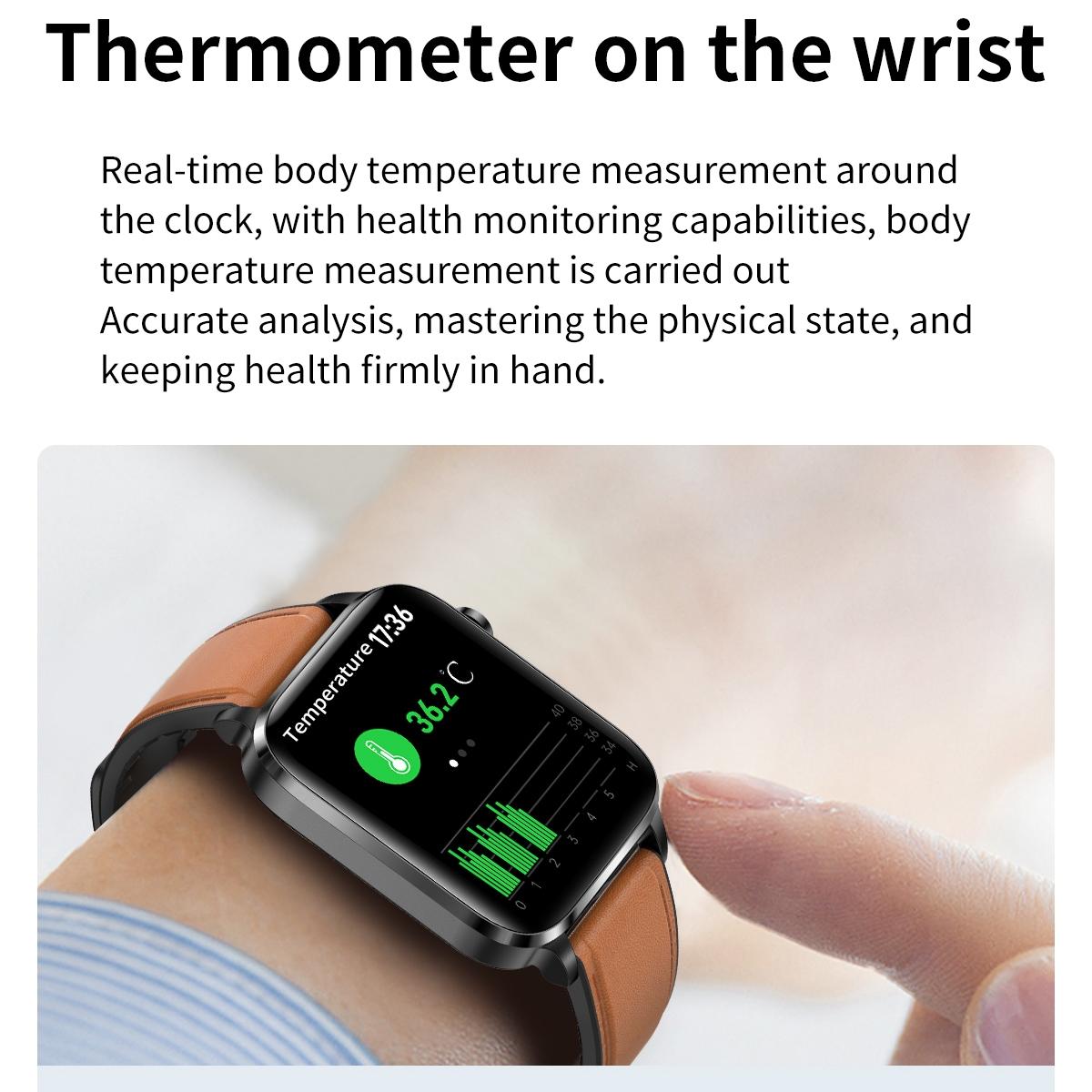 1.7 Inch Hd Square Screen Tpu Strap Smart Watch Supports Body Temperature Monitoring / Blood Oxygen Monitoring - Black