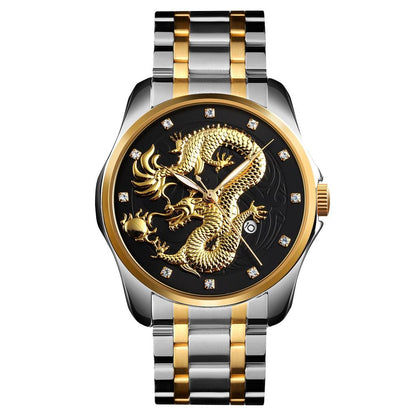 Men Golden Dragon Calendar Dial Quartz Watch with Luminous Hands - Silver Gold