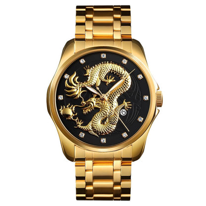 Men Golden Dragon Calendar Dial Quartz Watch with Luminous Hands - Silver Gold