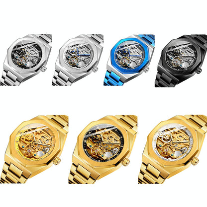 Men Automatic Mechanical Watch with Luminous Dial and Steel Band - Silver Belt Black Face