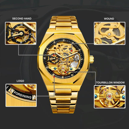Men Automatic Mechanical Watch with Luminous Dial and Steel Band - Silver Belt Black Face