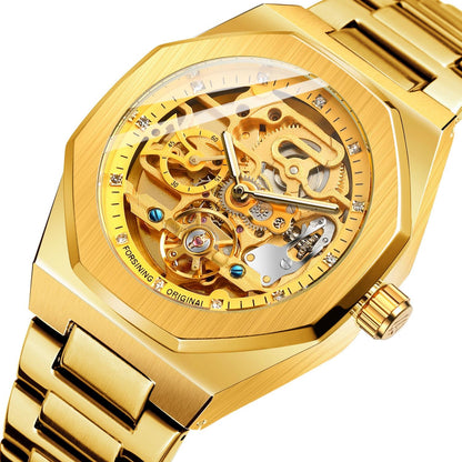 Men Automatic Mechanical Watch with Luminous Dial and Steel Band - Silver Belt Black Face