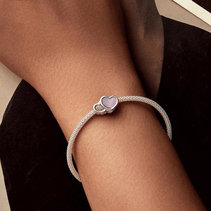 925 Sterling Silver Platinum Plated Pink Heart Diy Beads