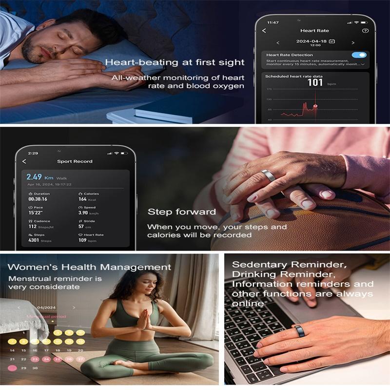 Smart Ring Heart Rate Blood Oxygen Sleep Sports Size 8 - Black