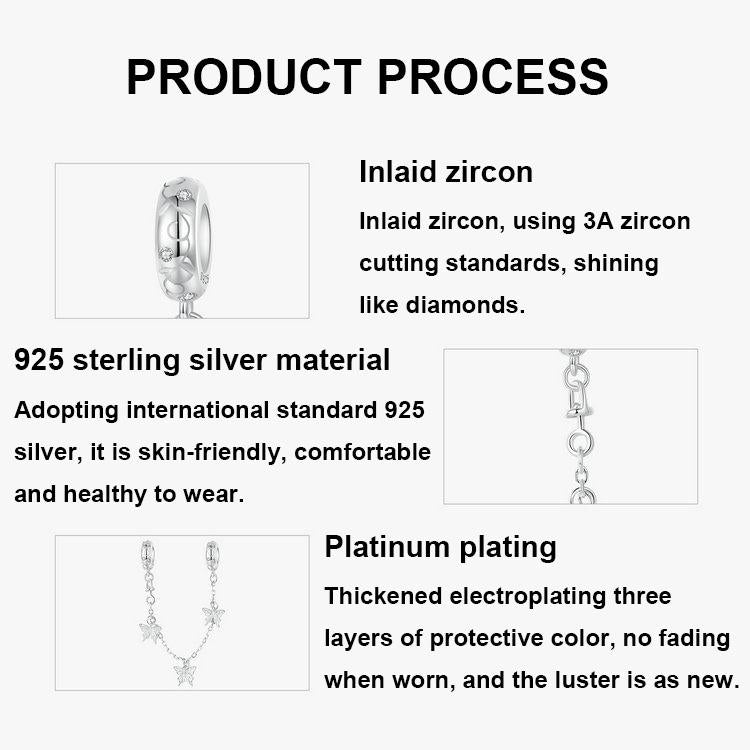 925 Sterling Silver Platinum Plated Butterfly Safety Chain Bracelet