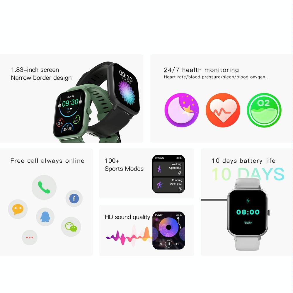 1.83 Inch Touch Screen Ai Voice Heart Rate / Blood Oxygen / Blood Pressure / Sleep Monitoring Bluetooth Smartwatch - Black