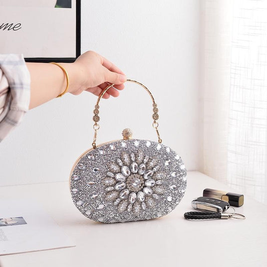 Evening Party Clutch Bag with Sunflower Diamond Design - Silver
