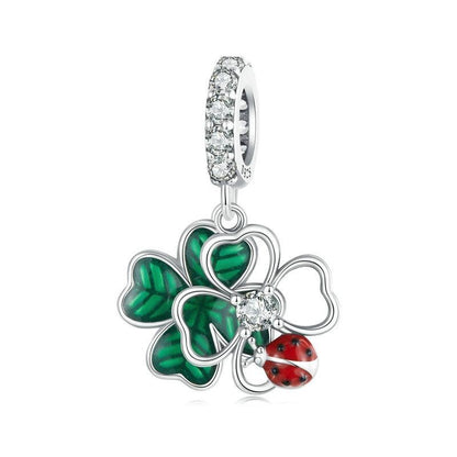 925 Sterling Silver Four Leaf Clover Ladybug Pendant In