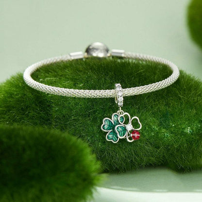 925 Sterling Silver Four Leaf Clover Ladybug Pendant In