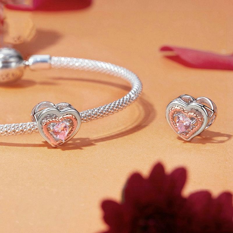 925 Sterling Silver Rose Gold Heart Hollow Diy Beads