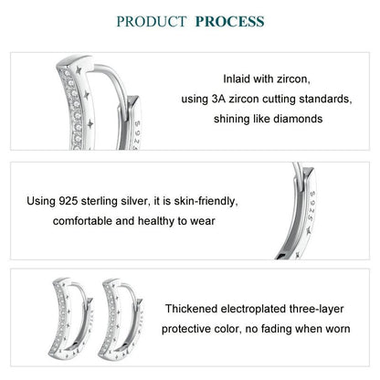 925 Sterling Silver Platinum Plated Zircon Crescent Earrings