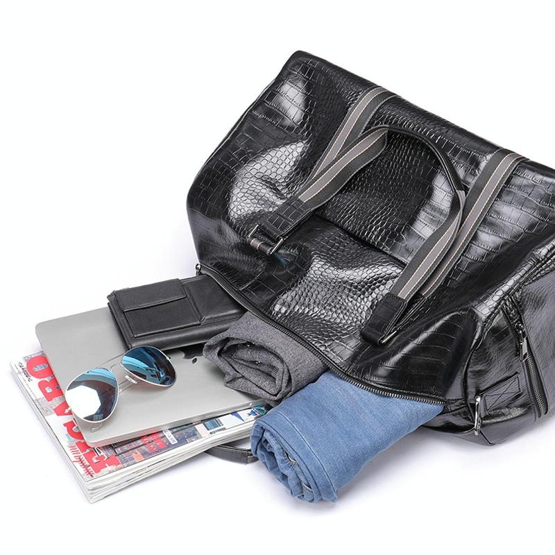 Multifunctional Leather Duffel Bag for Travel - Crocodile Print