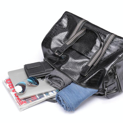 Multifunctional Leather Duffel Bag for Travel - Crocodile Print