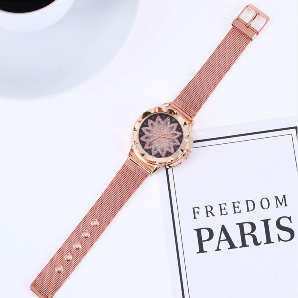 Rose Gold Flower Bracelet Watch with Rhinestone Mesh