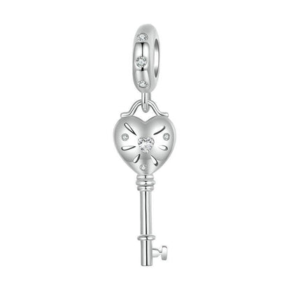 925 Sterling Silver Platinum Plated Heart Key Beaded Pendant