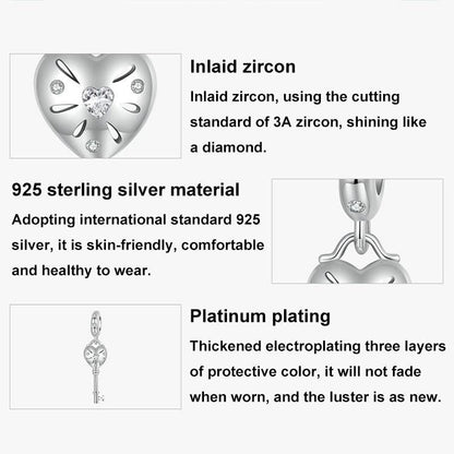 925 Sterling Silver Platinum Plated Heart Key Beaded Pendant