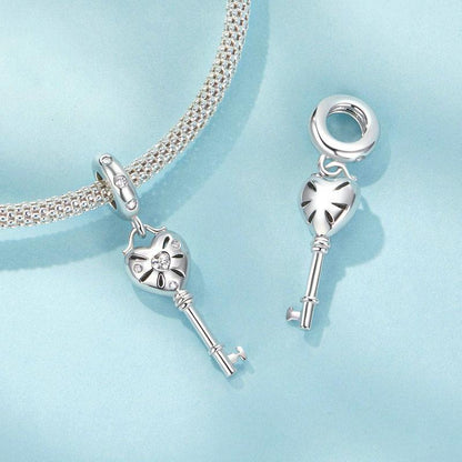 925 Sterling Silver Platinum Plated Heart Key Beaded Pendant
