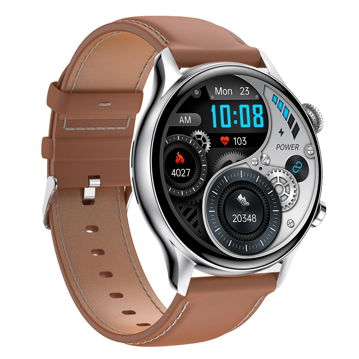 1.36 Inch Amoled Screen Leather Strap Smart Watch Support Nfc Function / Blood Oxygen Monitoring - Gold