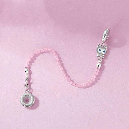 925 Sterling Silver Platinum Plated Cat Safety Chain Pendant