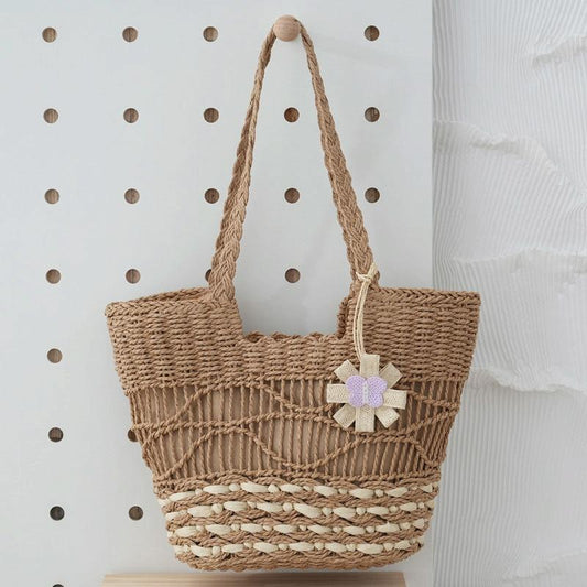 Large Capacity Straw Tote Bag with Hollow Wave Design and Lining - Light Brown