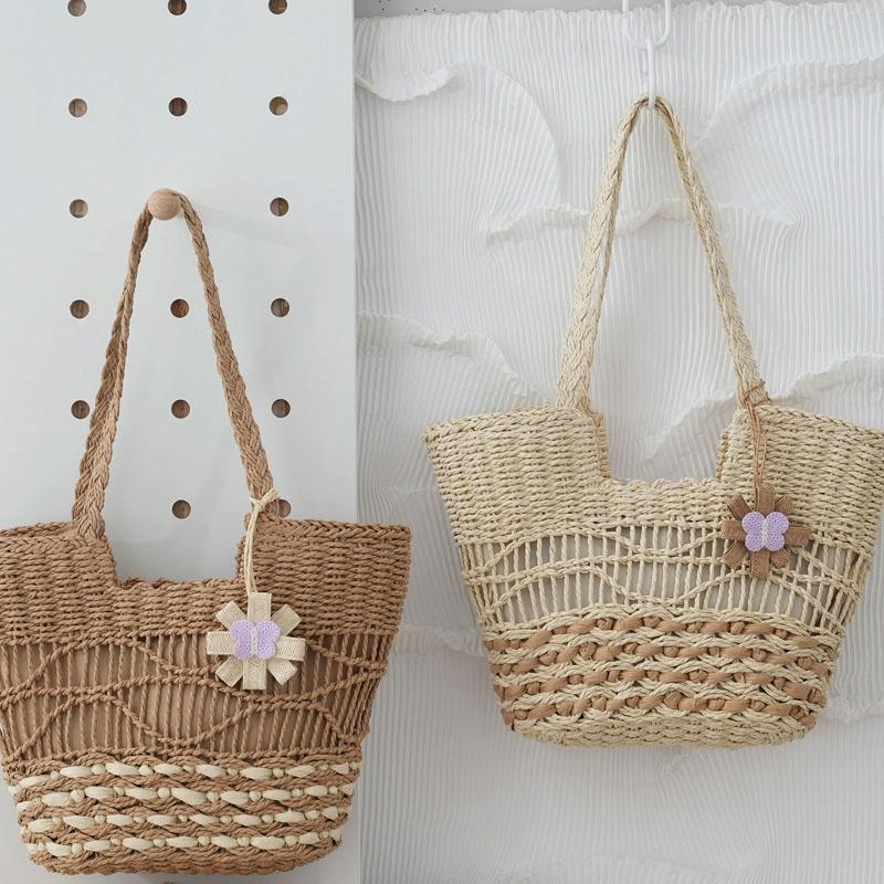 Large Capacity Straw Tote Bag with Hollow Wave Design and Lining - Light Brown