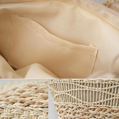 Large Capacity Straw Tote Bag with Hollow Wave Design and Lining - Light Brown