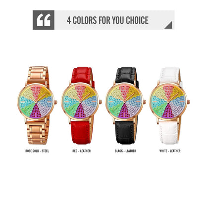 Women Rose Gold Steel Watch with Eight Colour Diamond Dial