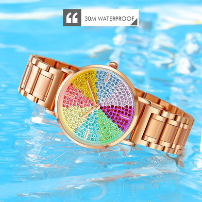 Women Rose Gold Steel Watch with Eight Colour Diamond Dial