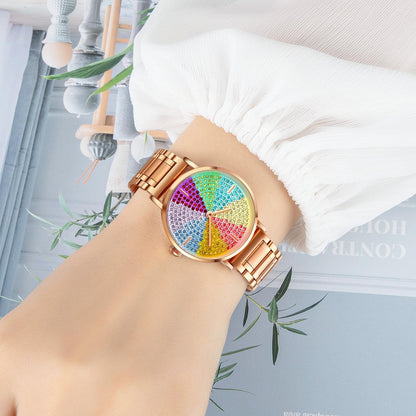 Women Rose Gold Steel Watch with Eight Colour Diamond Dial
