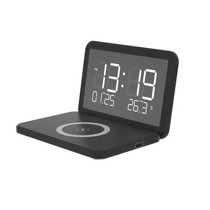 Foldable Desk Calendar Clock With Wireless Charger & Alarm - Black
