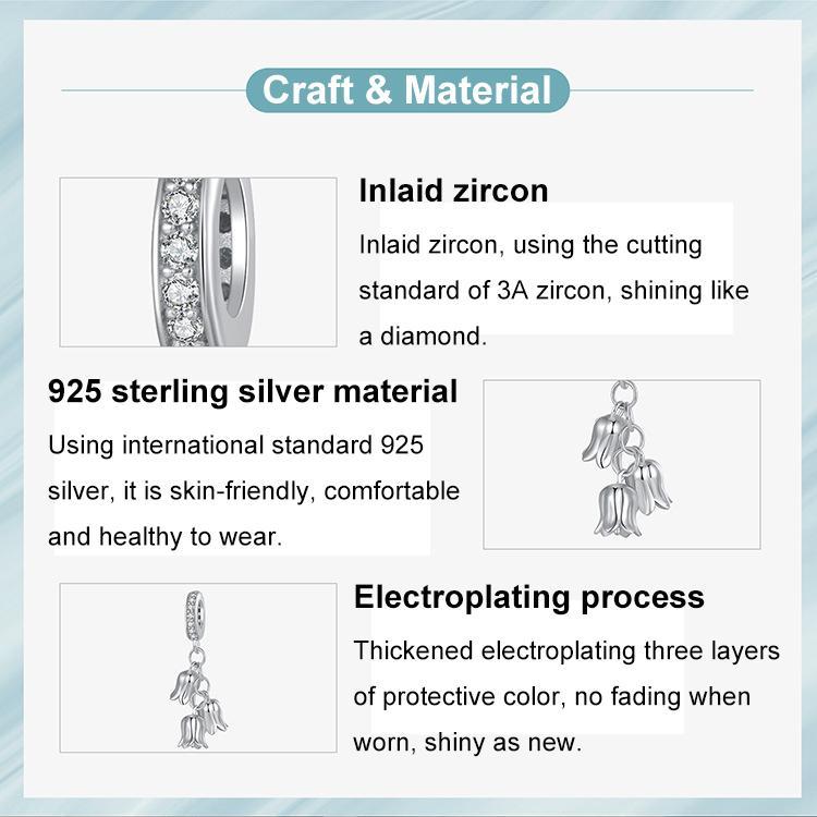 925 Sterling Silver Platinum Plated Lily Of The Valley Bracelet Pendant