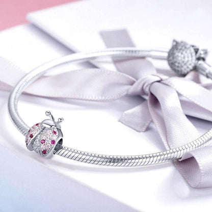 925 Sterling Silver Zircon Ladybug Bracelet / Necklace Set - Silver