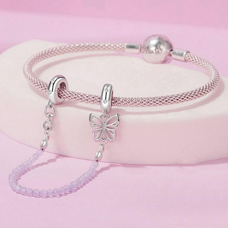 925 Sterling Silver Platinum Plated Butterfly Safety Chain Bracelet