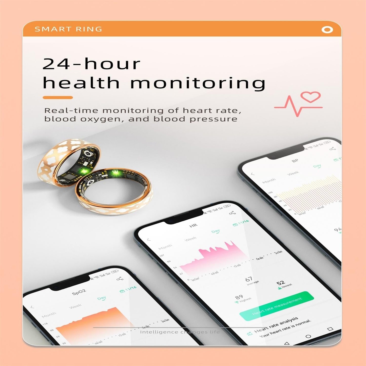 Smart Ring With Heart Rate Blood Oxygen Sleep Monitoring - Rose Gold Size 8