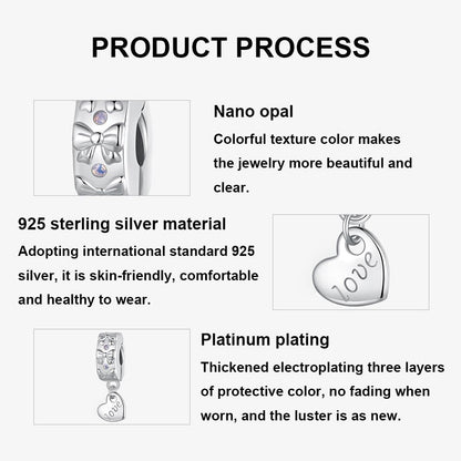 925 Sterling Silver Platinum Plated Bow Heart Bracelet With Beads