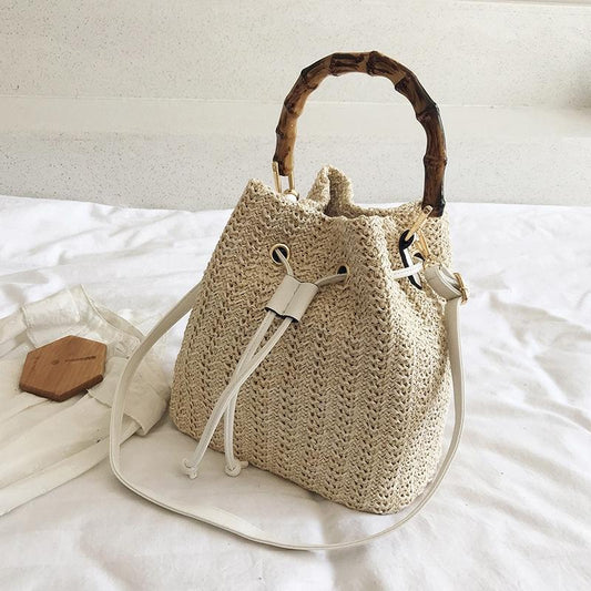 Handwoven Bamboo Bucket Bag - Shoulder / Messenger Style - White