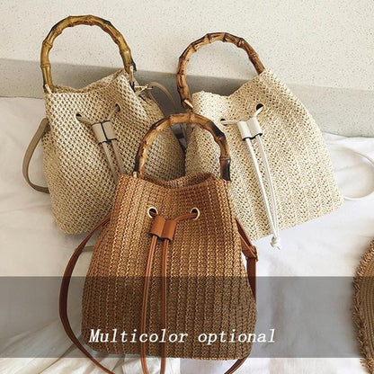 Handwoven Bamboo Bucket Bag - Shoulder / Messenger Style - White