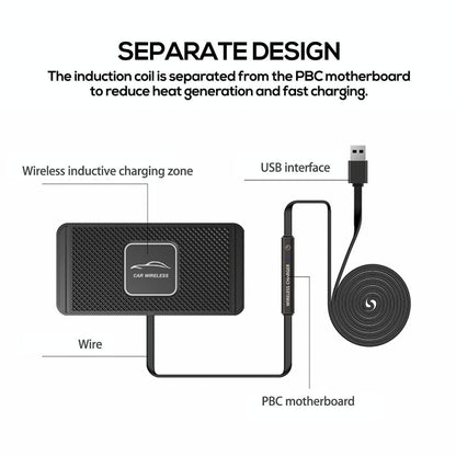 15w Car Wireless Charger with Anti-skid Mats and 1m Usb Cable - Black