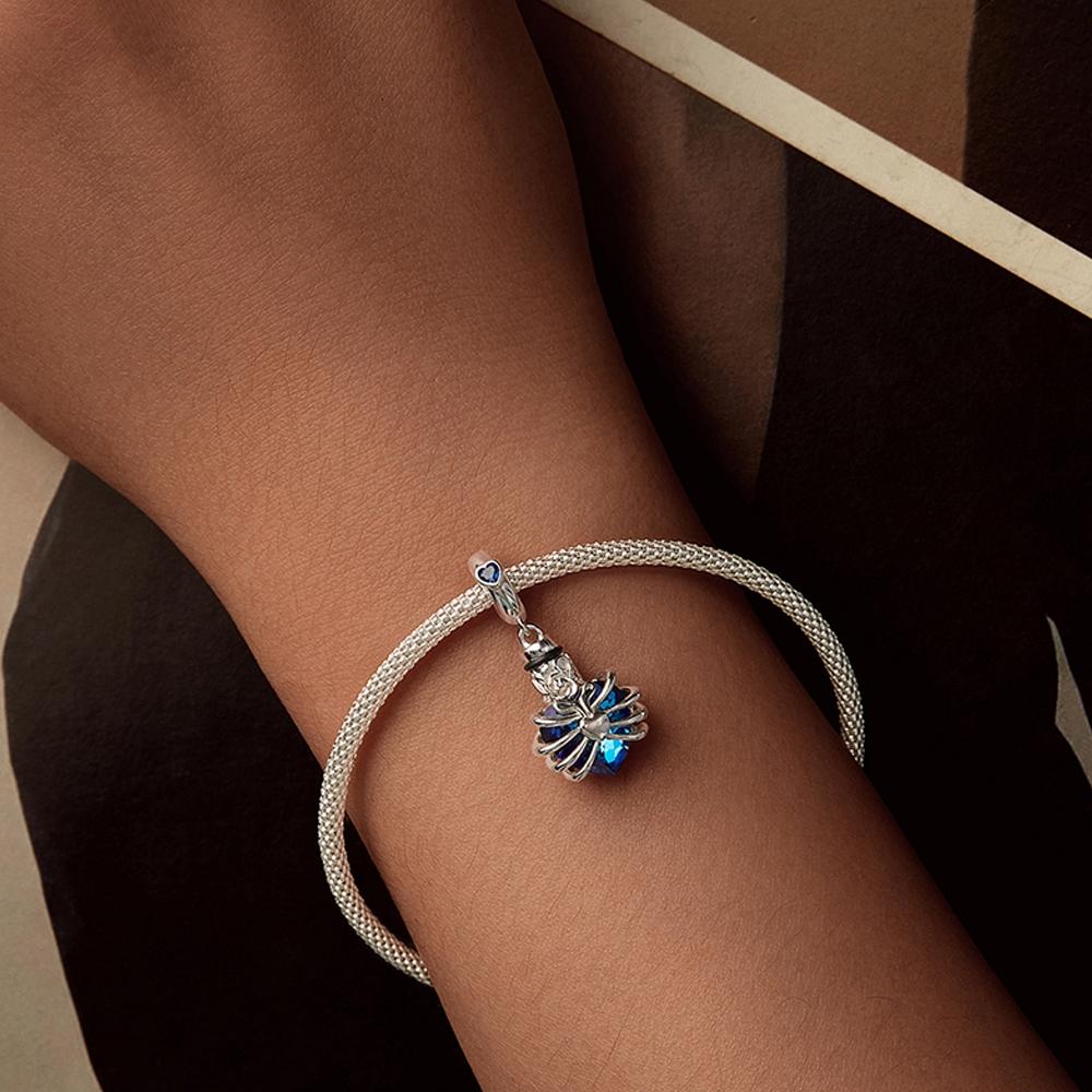 925 Sterling Silver Heart Pendant With Beaded Detail - Blue